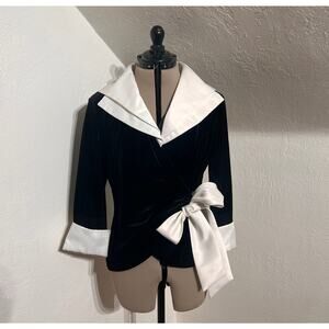 Cachet Black Velvet Wrap Blouse XL White Satin Bow Holiday Evening Top